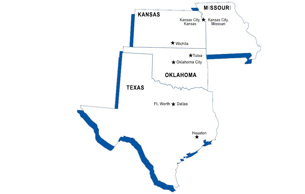 Texas, Oklahoma, Kansas map